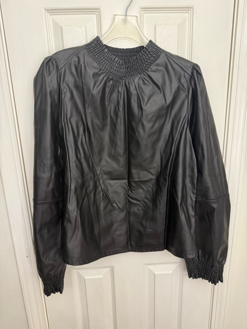 Black Leather-like Smocked Neck top
